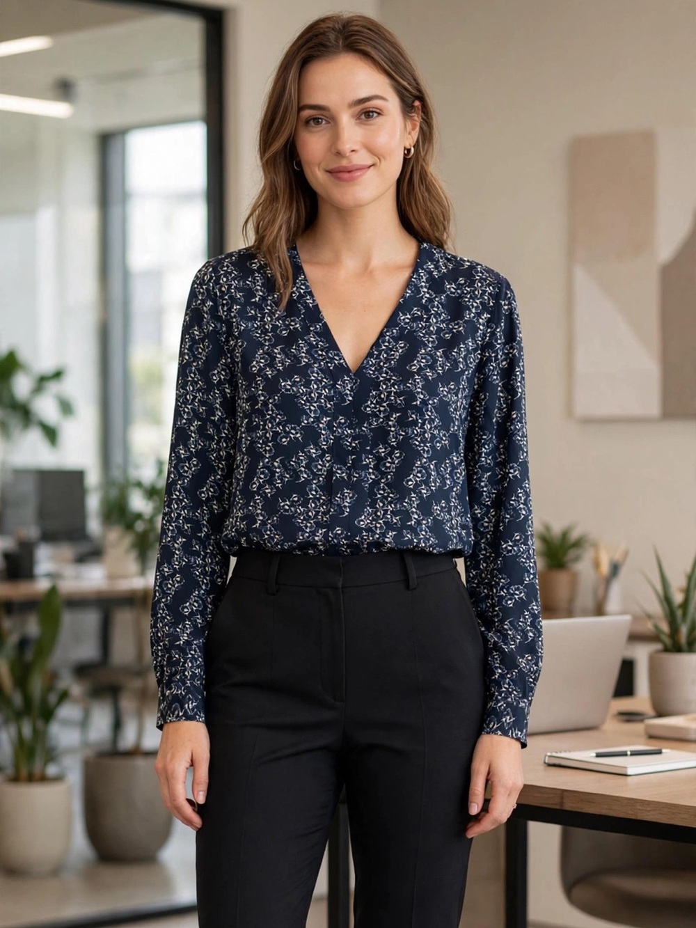 Banana Republic Navy White Floral V-Neck Workwear Blouse - Long Sleeve Top